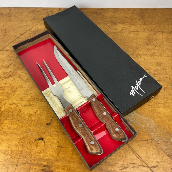 Vintage Maxam Carving Knife Fork Set Wood Handle Made in Japan New Old Stock - Picture 1 of 12